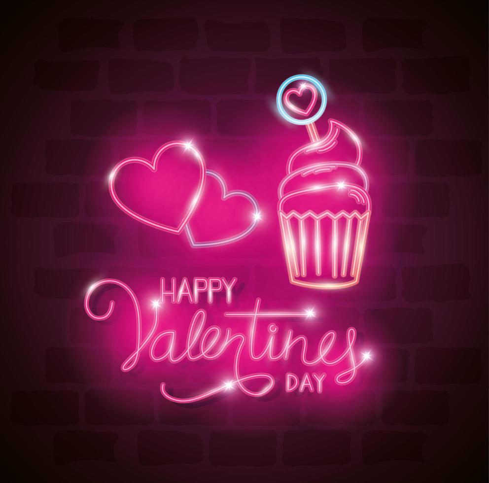 happy valentines day label in neon light, valentine day vector