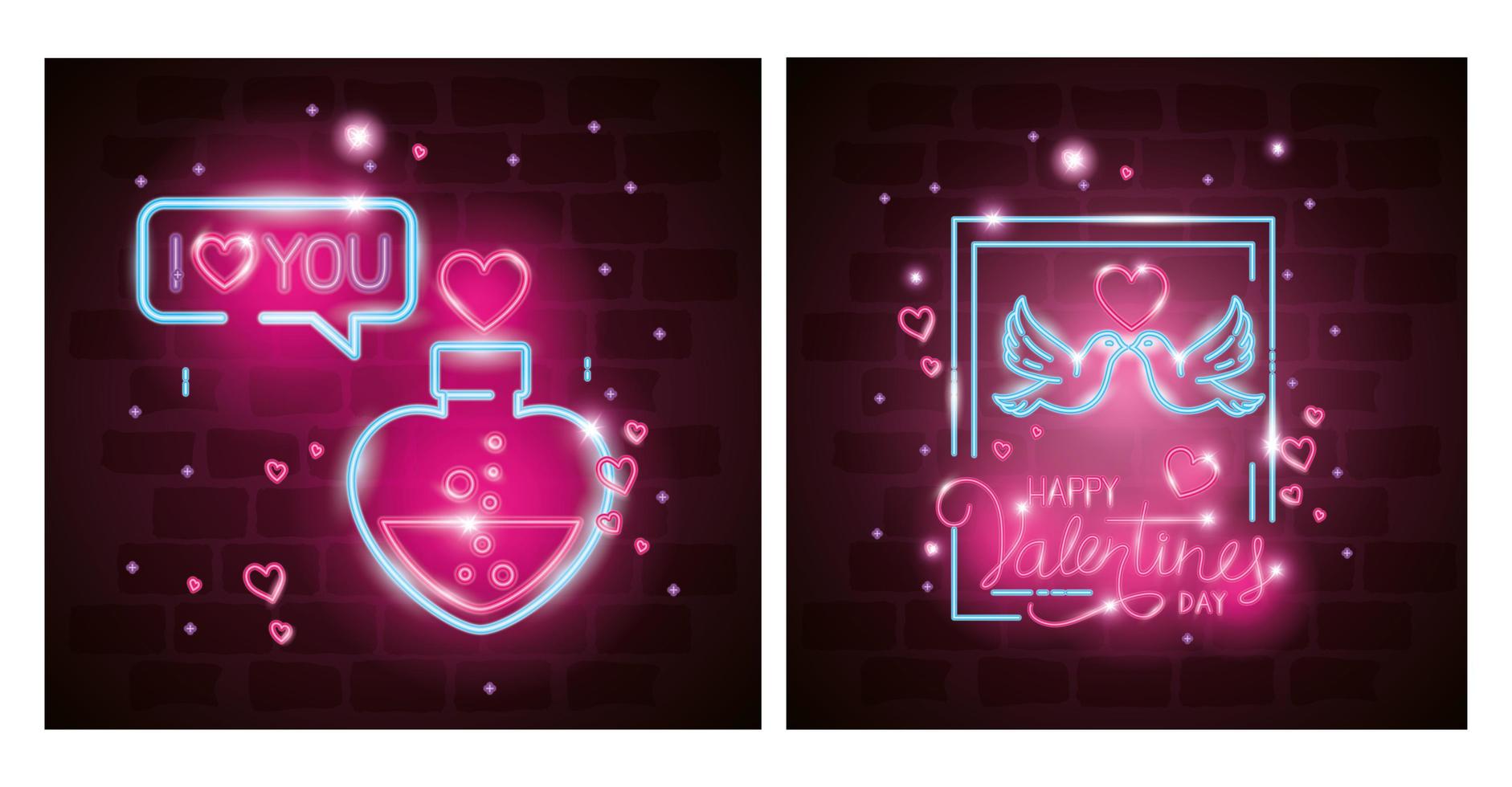 cards of valentine in neon light, valentines day vector