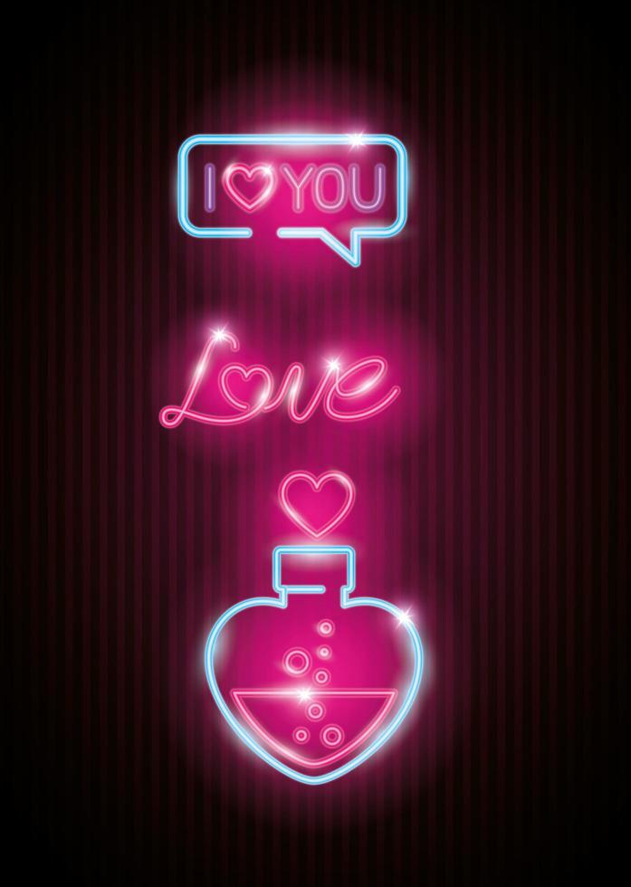 set of valentine icons in neon light vector