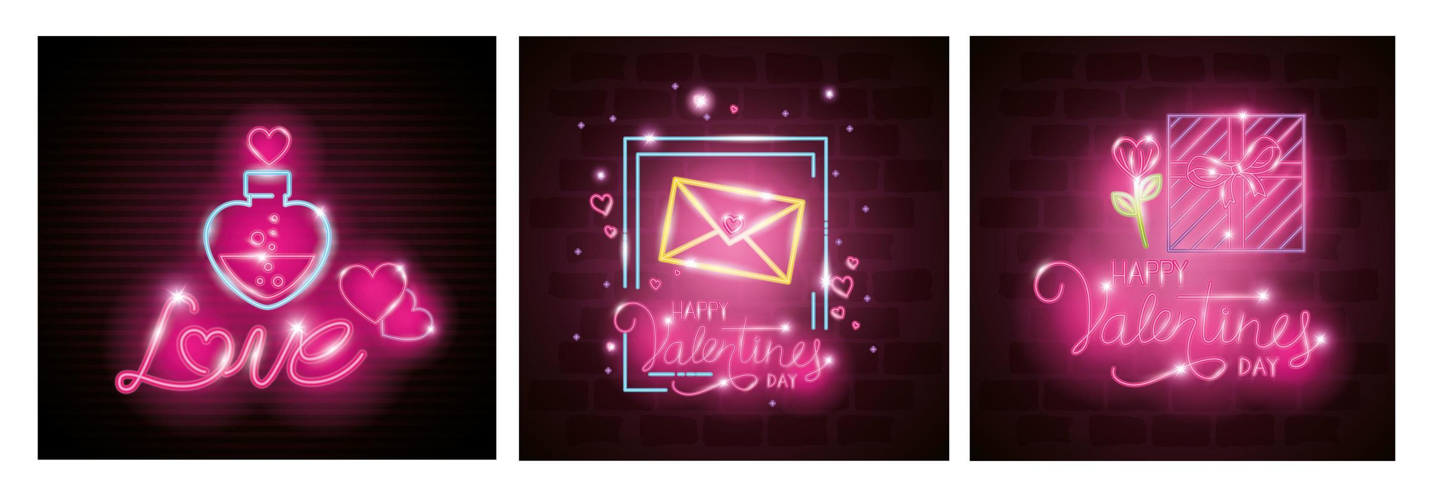 cards of valentine in neon light, valentines day vector