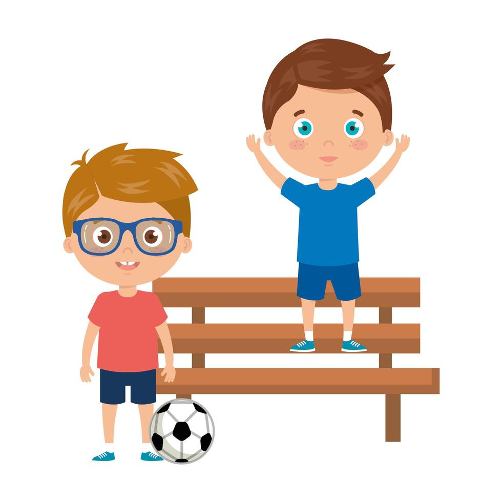 boys playing with soccer ball in park chair vector