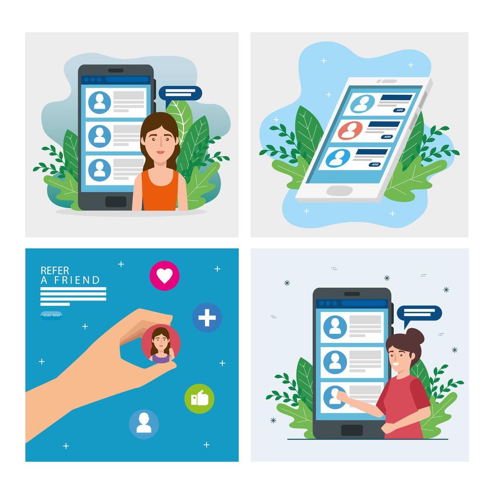 set poster of refer a friend with icons vector