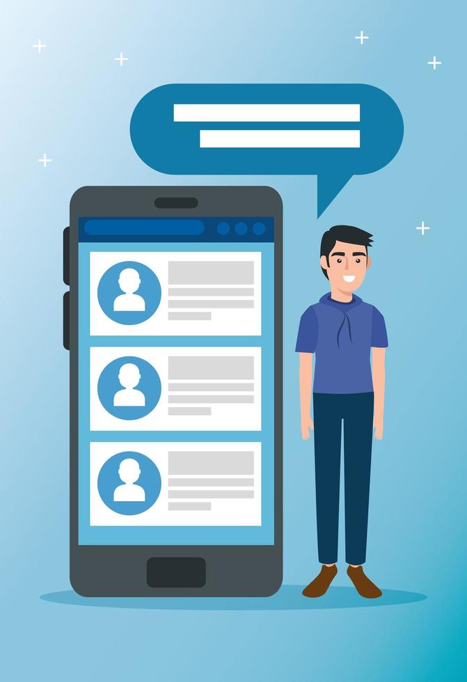 young man and smartphone with chat isolated icon vector