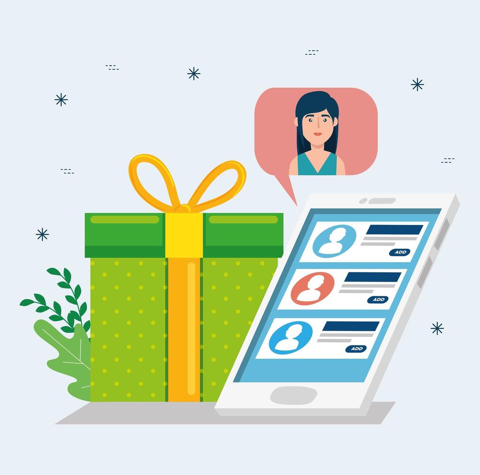 woman in speech bubble with smartphone and gift box vector
