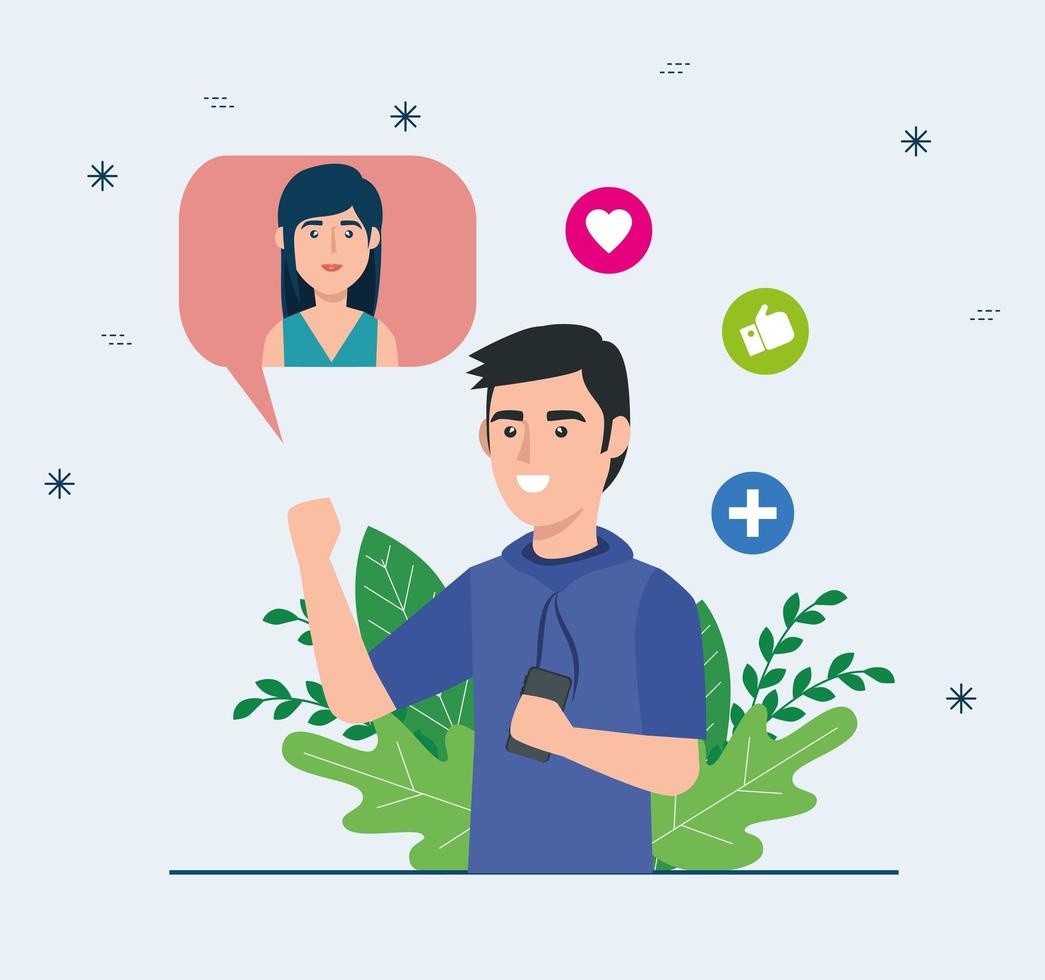 young man with woman in speech bubble and social media icons vector