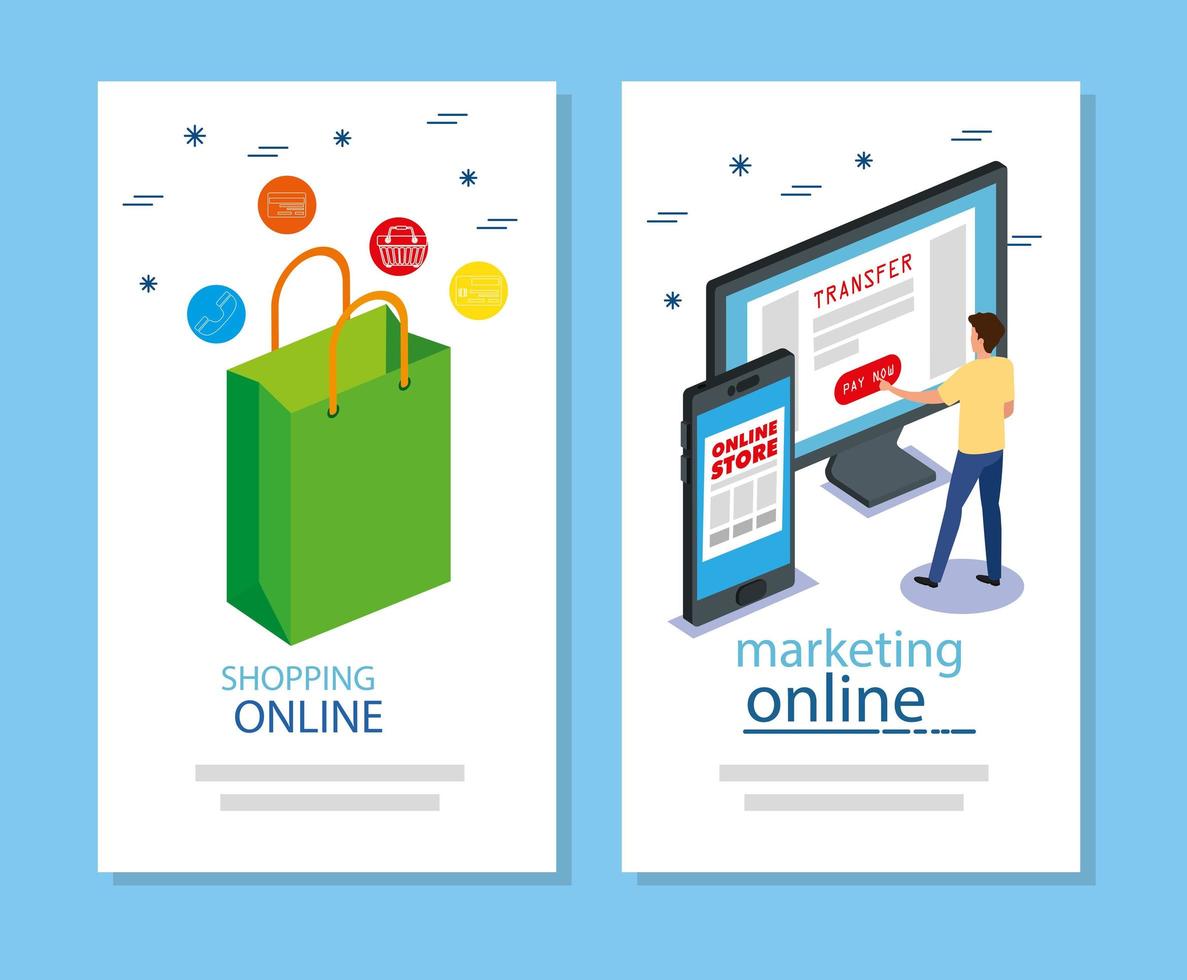set poster online store with icons vector