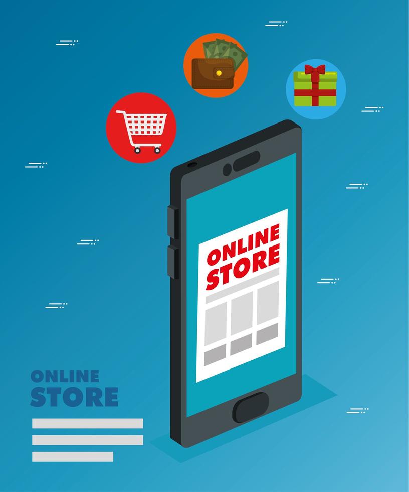 online store with smartphone and icons vector