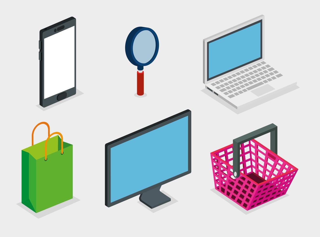 basket shopping with set icons vector