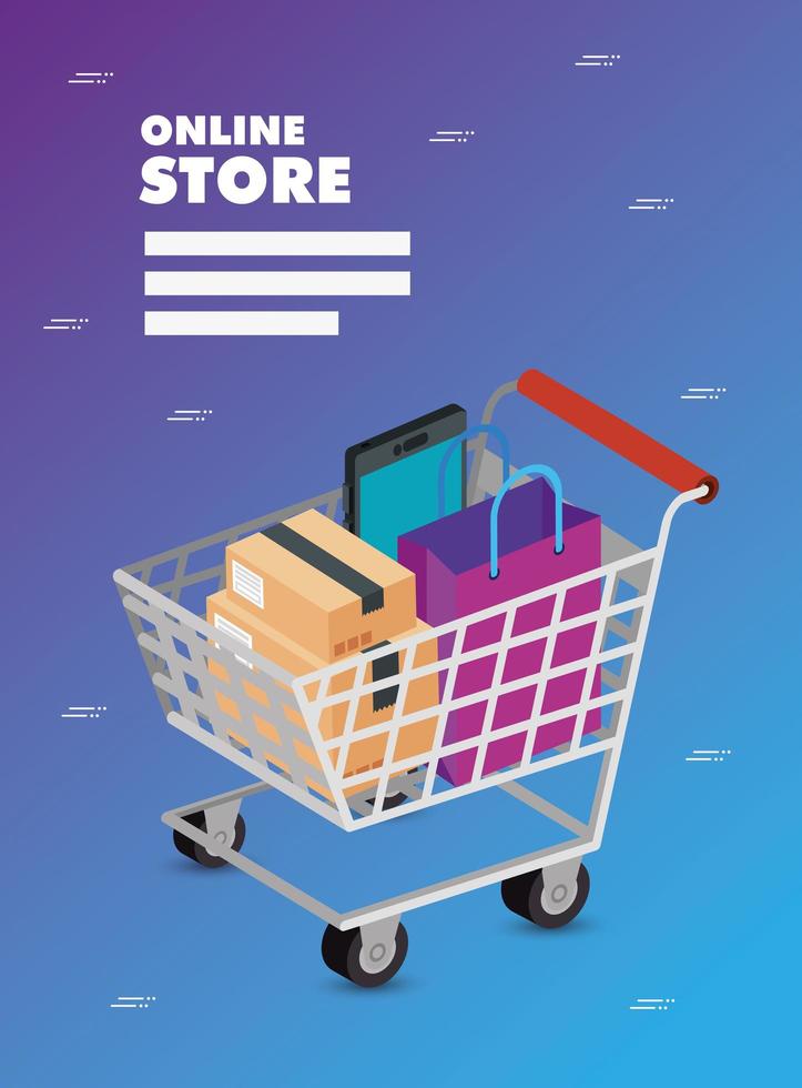 Tienda online con carrito de compras e iconos. vector