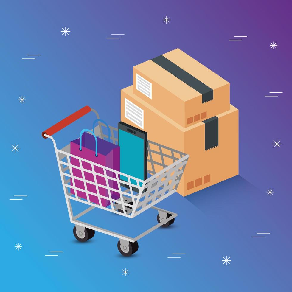 cart shopping with set icons vector