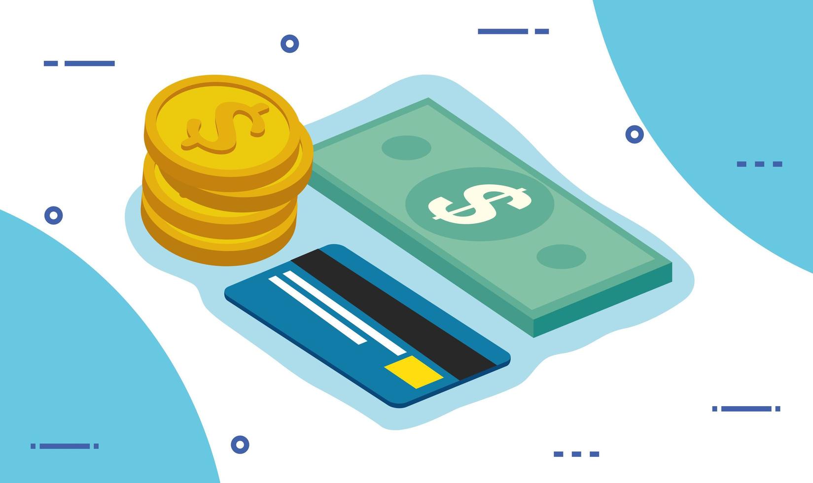credit card with bill and pile coins vector