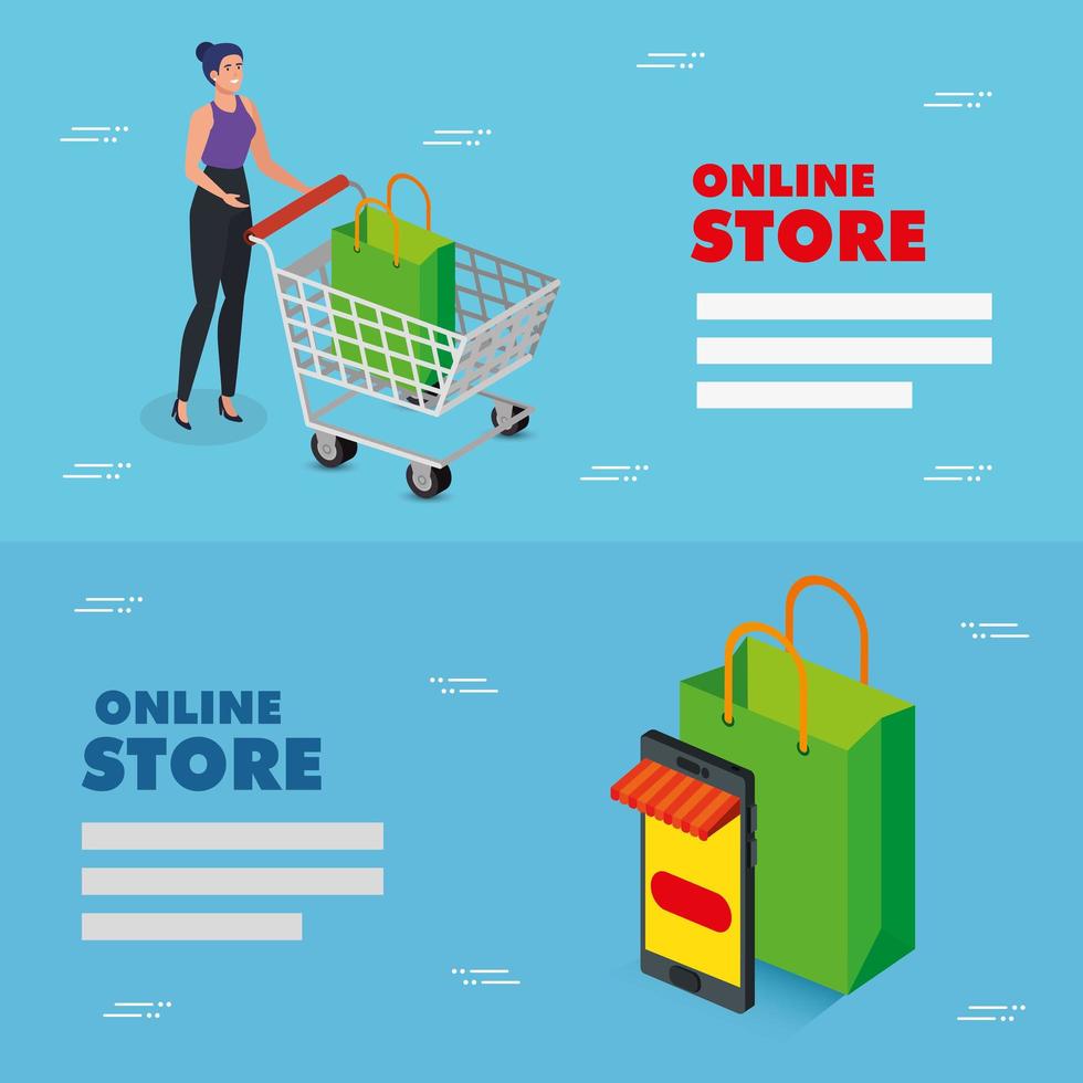 set poster online store with icons vector