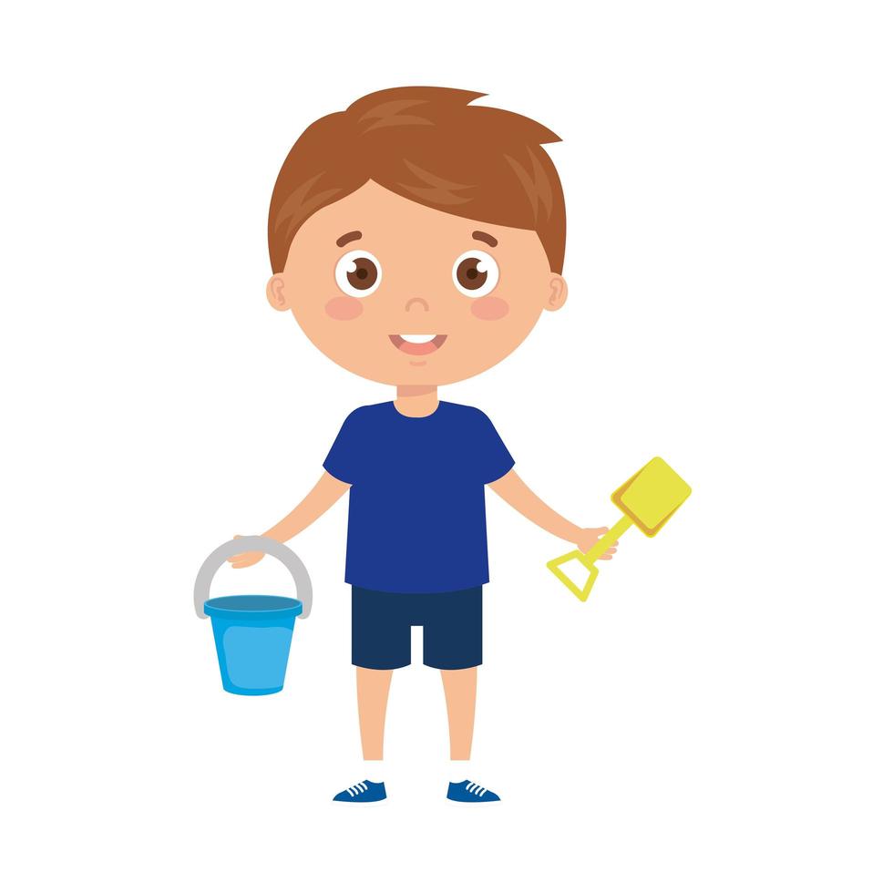 boy with bucket and tools to play on white background vector