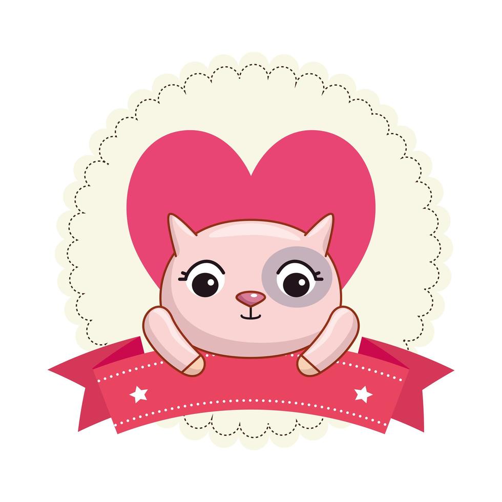 lindo gato con corazón y cinta vector