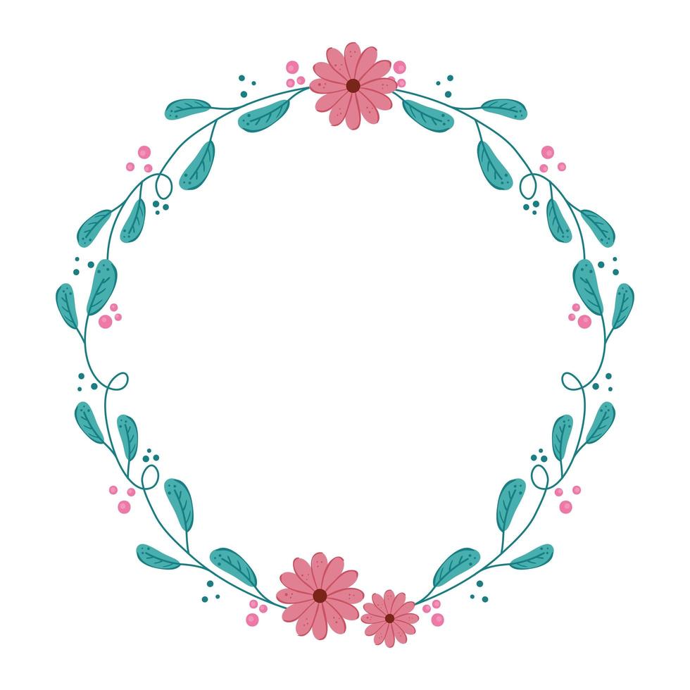 frame circular of branches and leafs with flowers vector