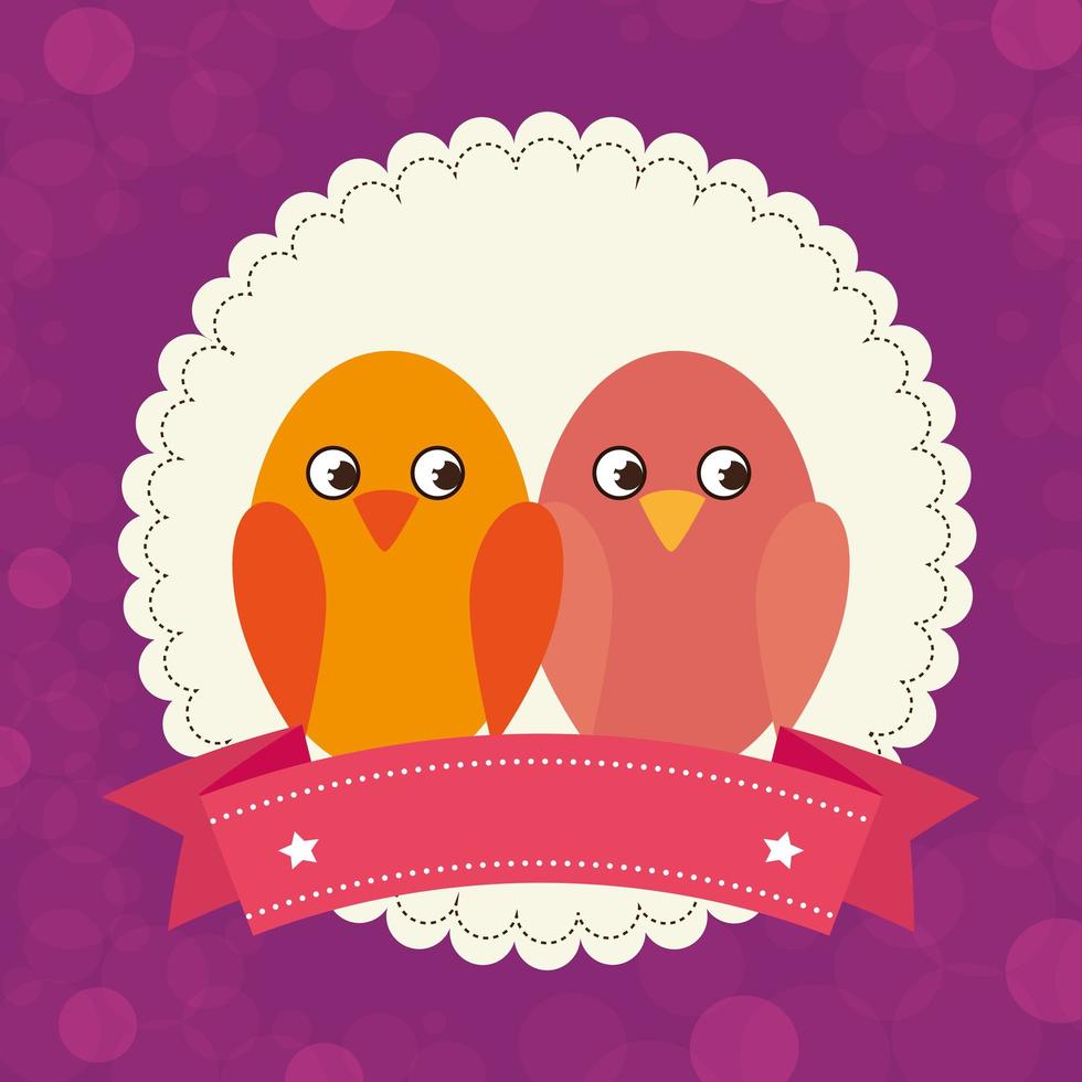 cute birds with ribbon decoration vector