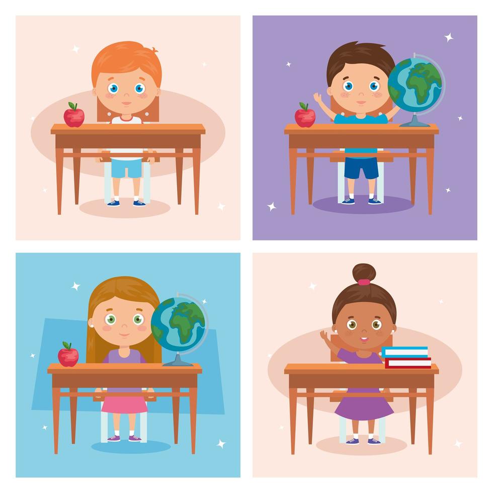 set scenes of little children in wooden desk vector