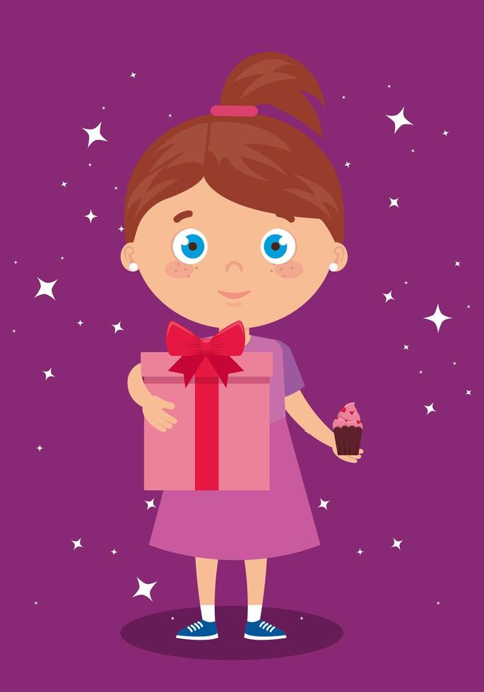 linda niña con caja de regalo y cupcake vector