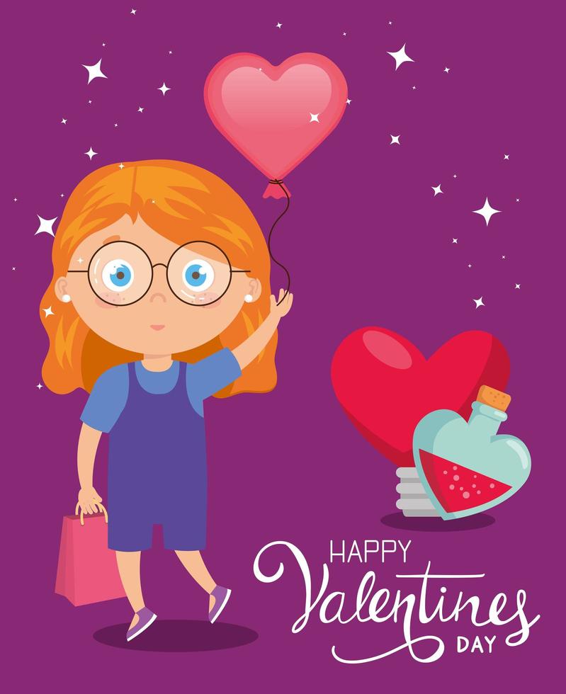 tarjeta de feliz día de san valentín con linda chica y decoración vector