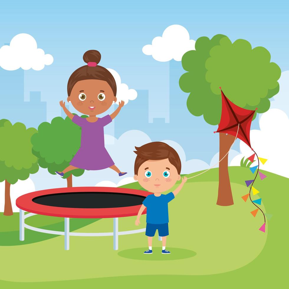 little children in park landscape with trampoline jumping and kite vector