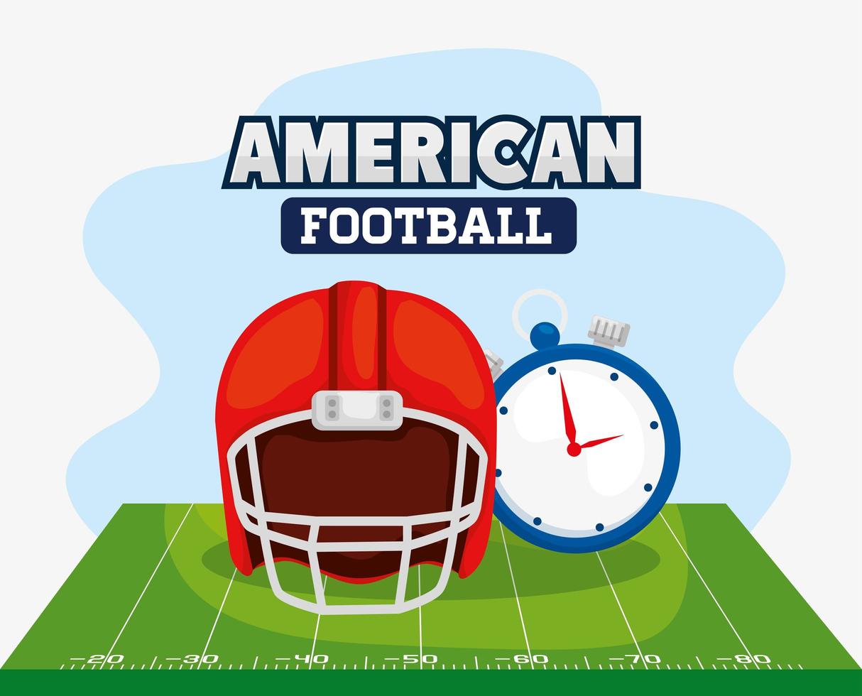 cartel de fútbol americano con casco y cronómetro. vector