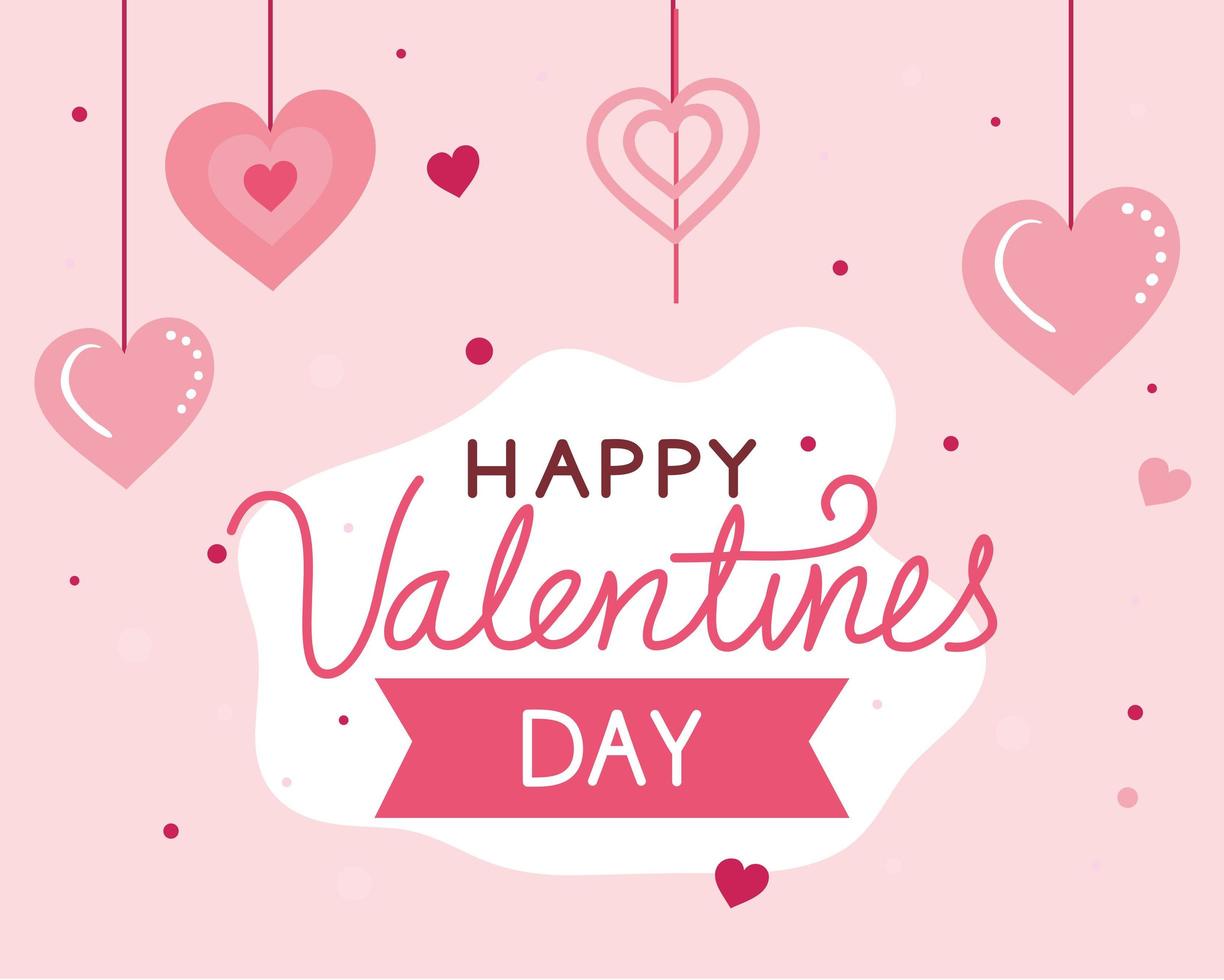 Tarjeta de feliz día de San Valentín con corazones colgantes y decoración. vector