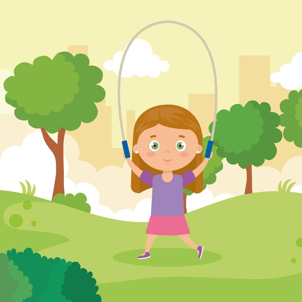 Linda niña saltando la cuerda en el paisaje del parque vector