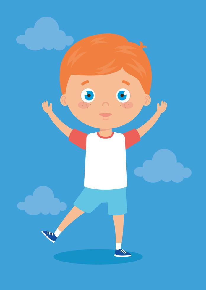 cute little boy with hands up and clouds vector