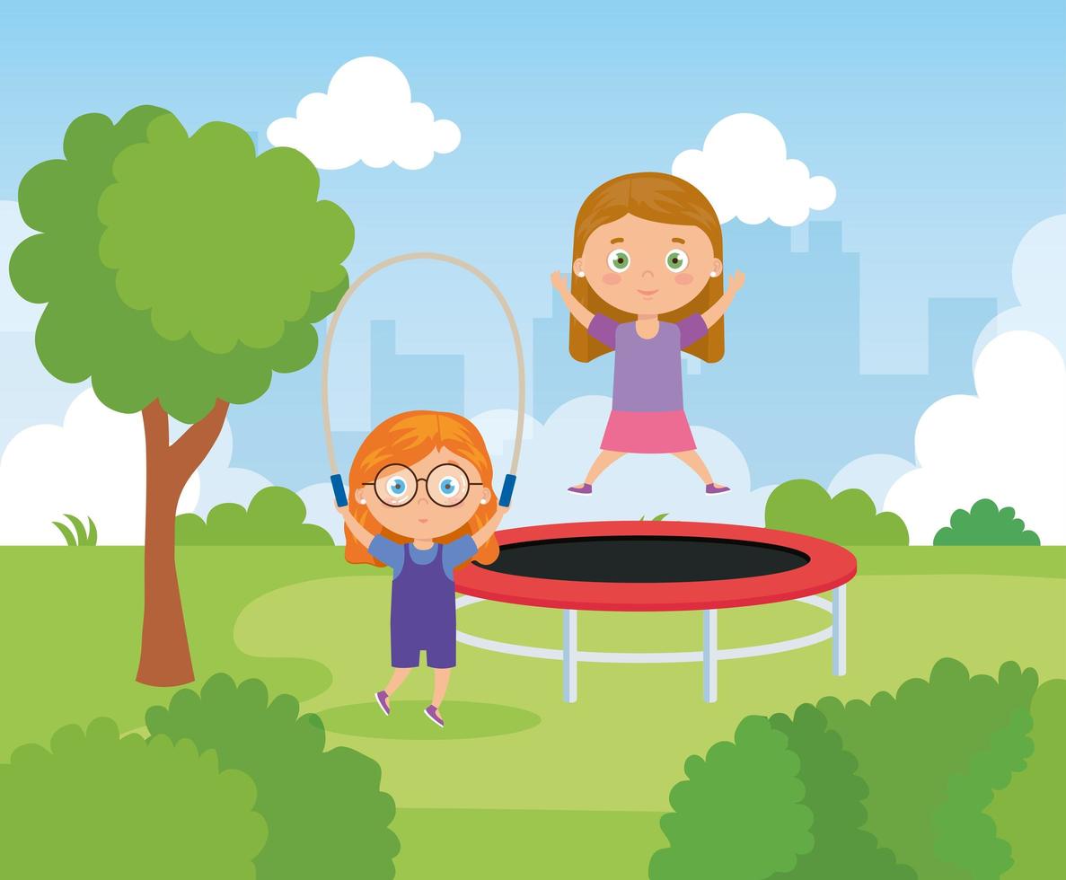 little girls with trampoline jump and rope jump in park landscape vector