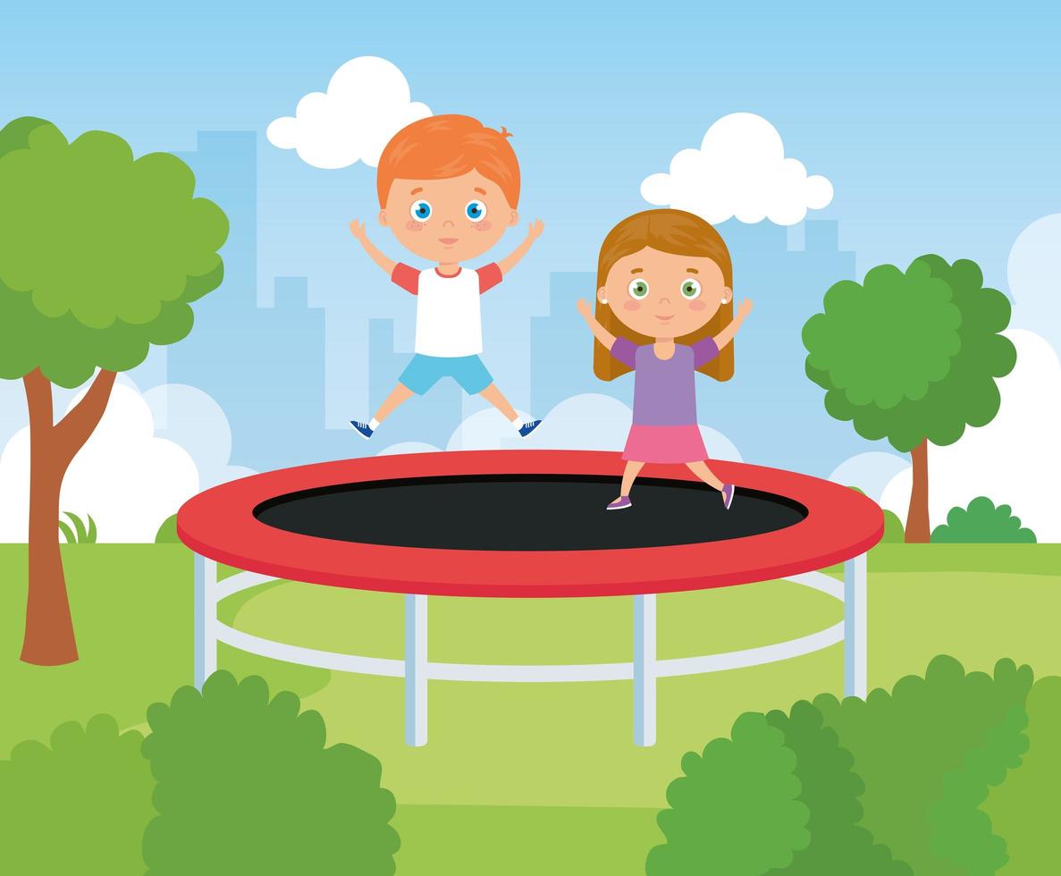 cute little children in trampoline jump game vector