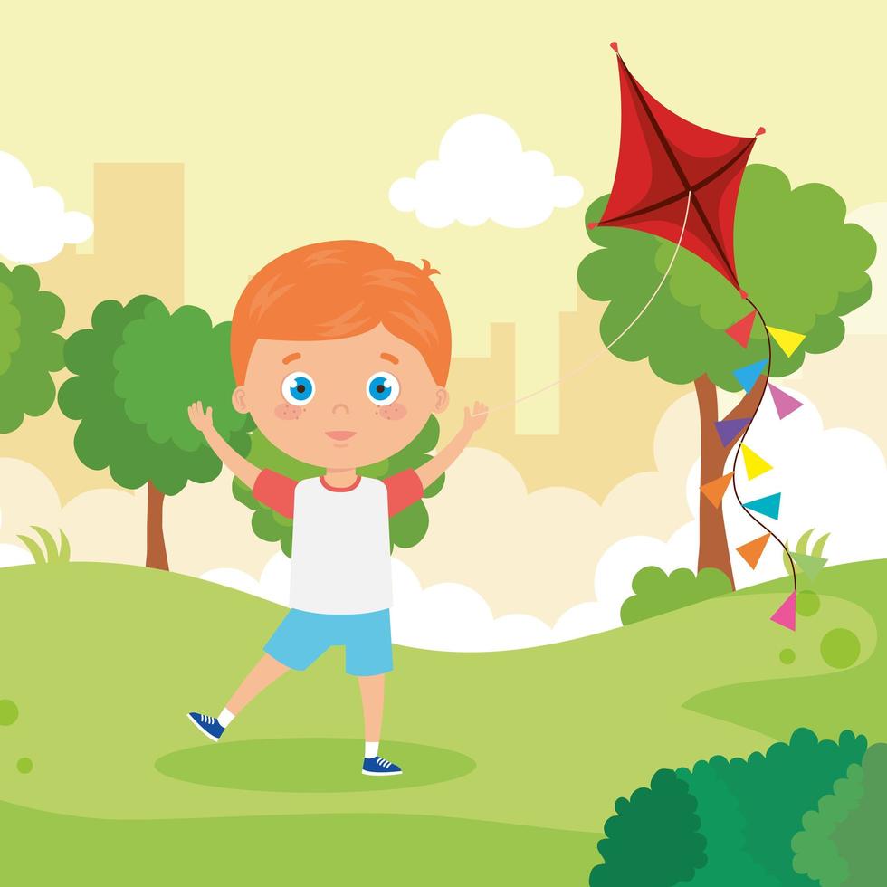 cute little boy with kite in park landscape vector