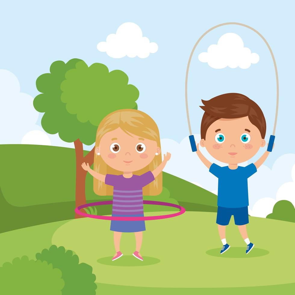little children with jump rope and hula hula in park landscape vector