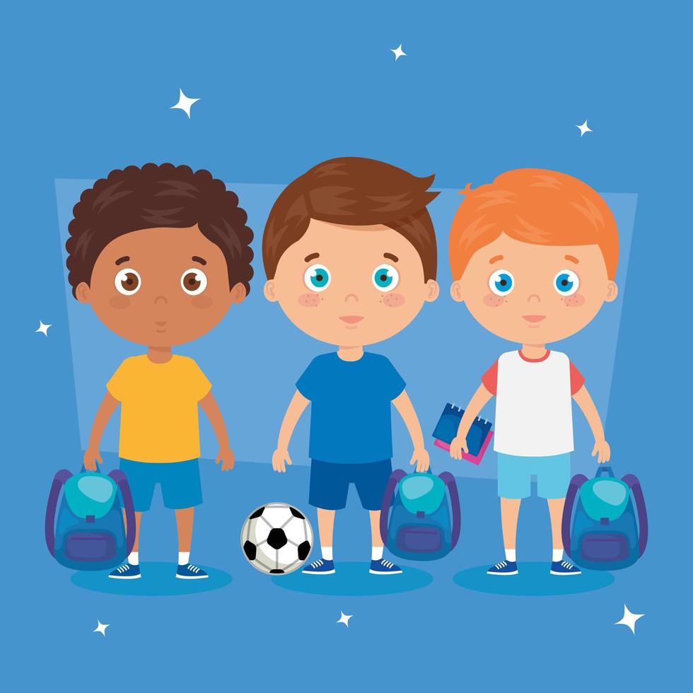 niños pequeños con mochilas escolares y balón de fútbol. vector