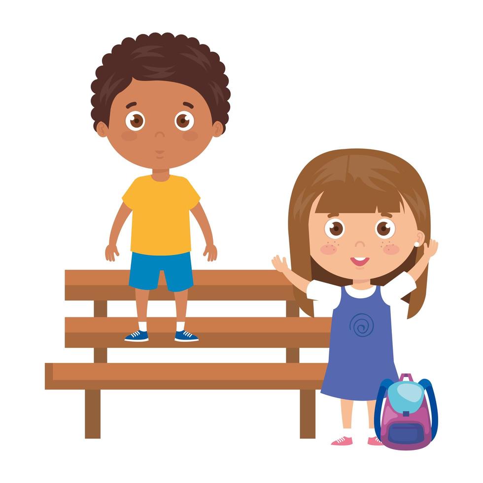 children with school supplies in park chair on white background vector