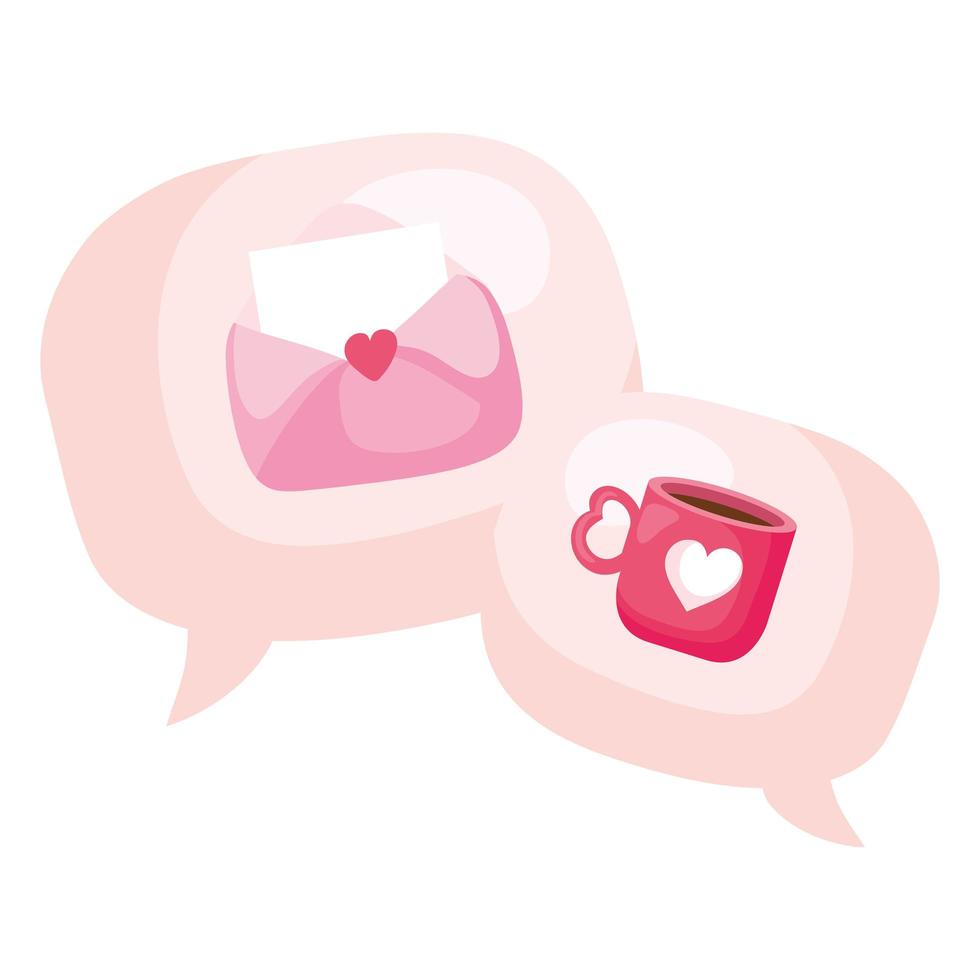 speech bubbles with envelope and cup coffee vector