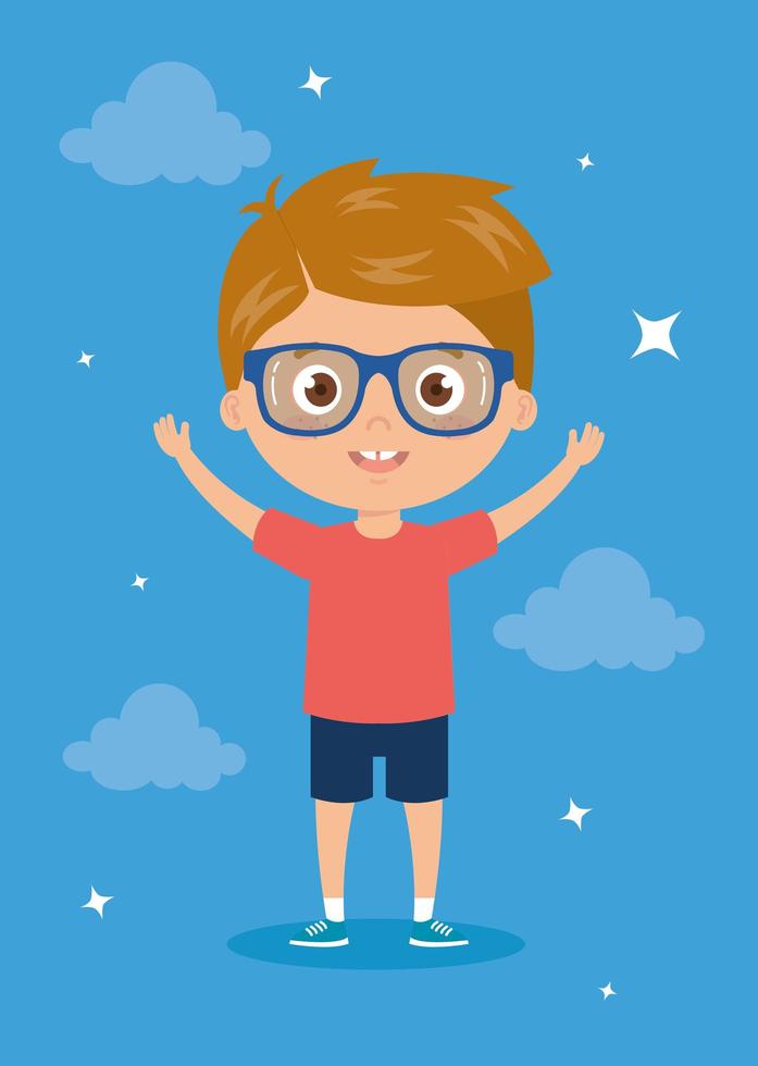 cheerful boy standing with his hands up vector
