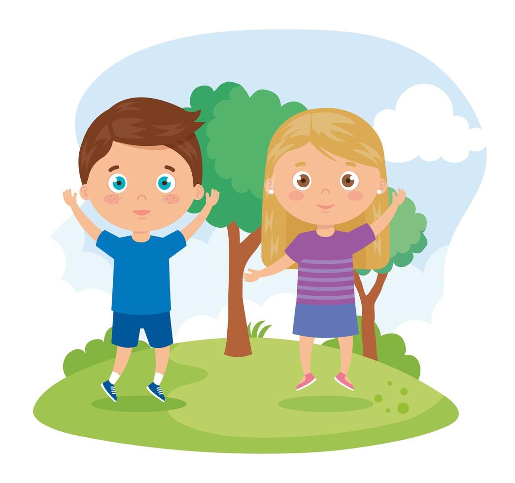 cute children standing smiling in landscape vector