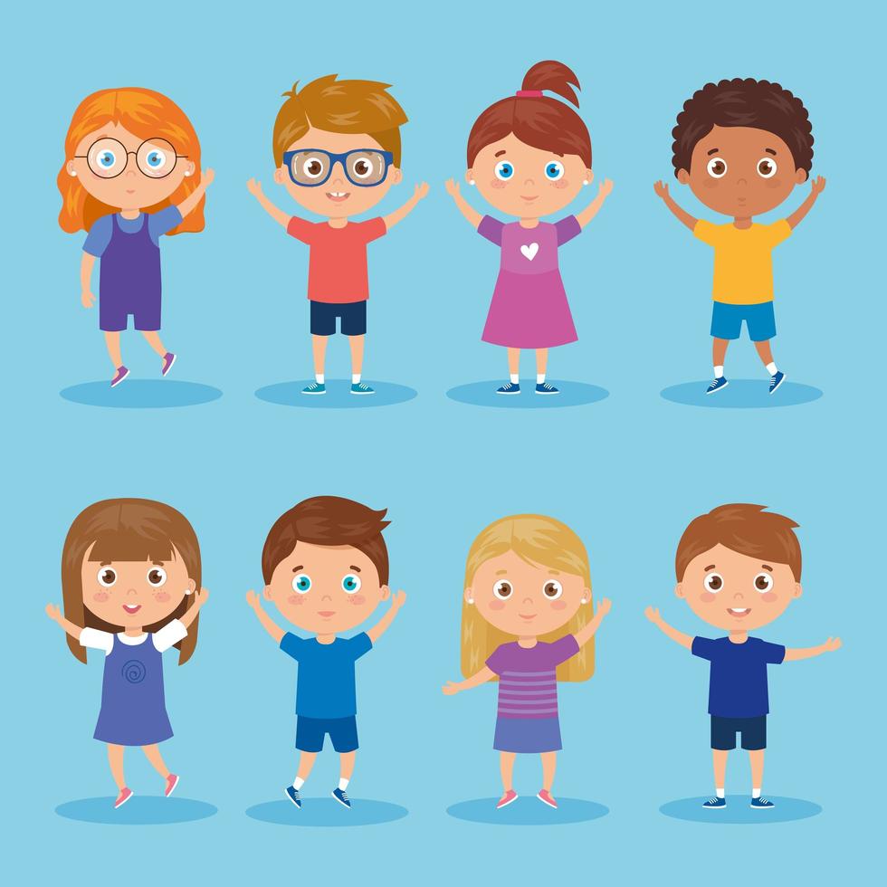 set of children standing on blue background vector