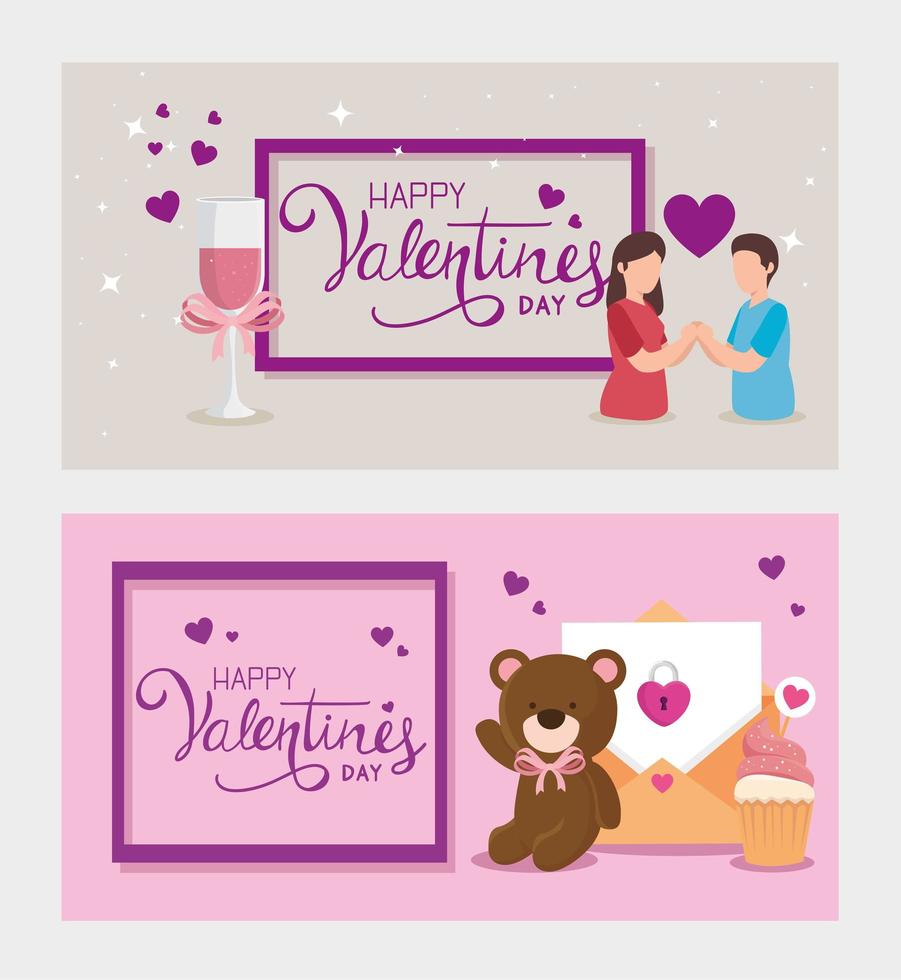 set cards happy valentines day with decoration vector