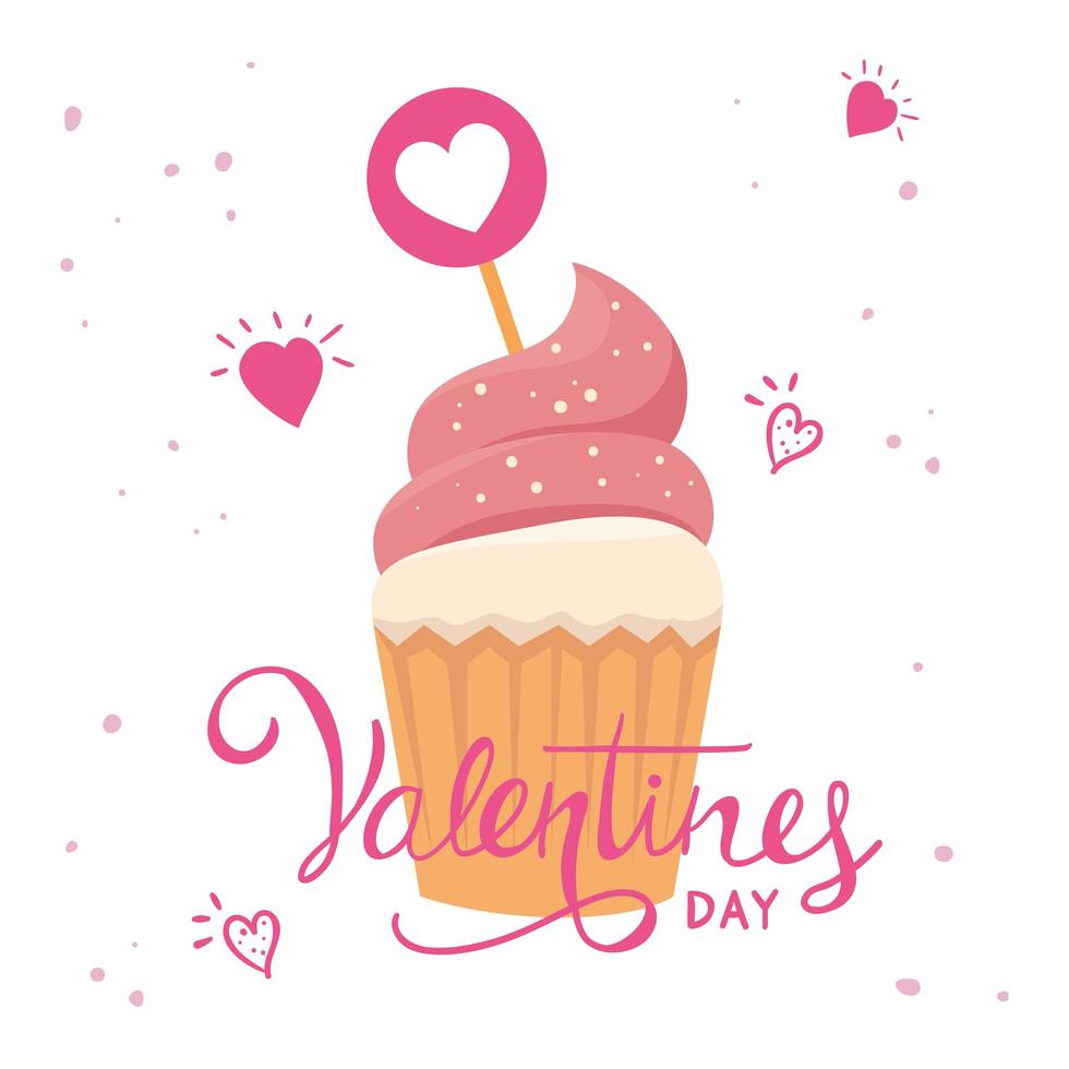 feliz dia de san valentin con cupcake y decoracion vector