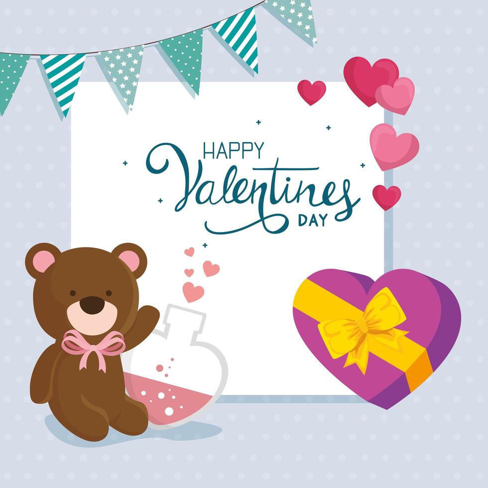 happy valentines day with teddy bear and decoration vector