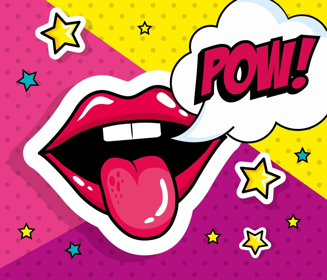 sexy mouth with tongue out and pow expression pop art style vector