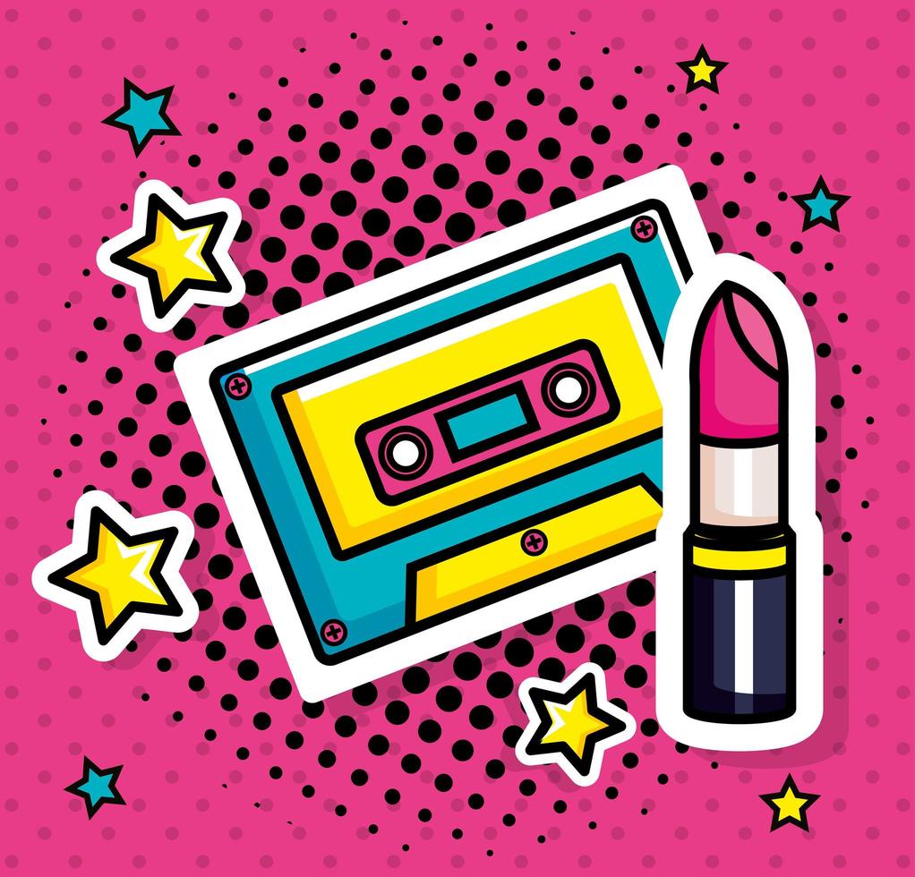 música en cassette con lápiz labial icono de estilo pop art vector