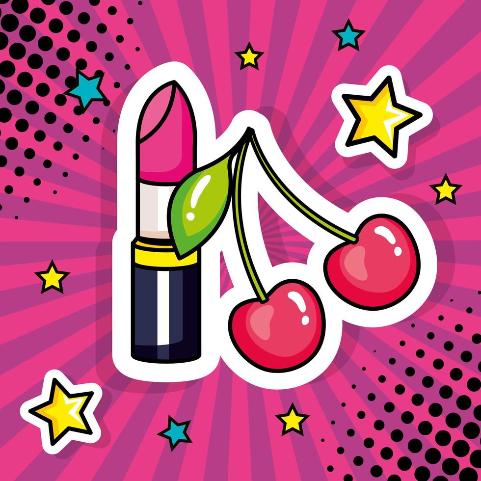 lápiz labial con cerezas icono de estilo pop art vector