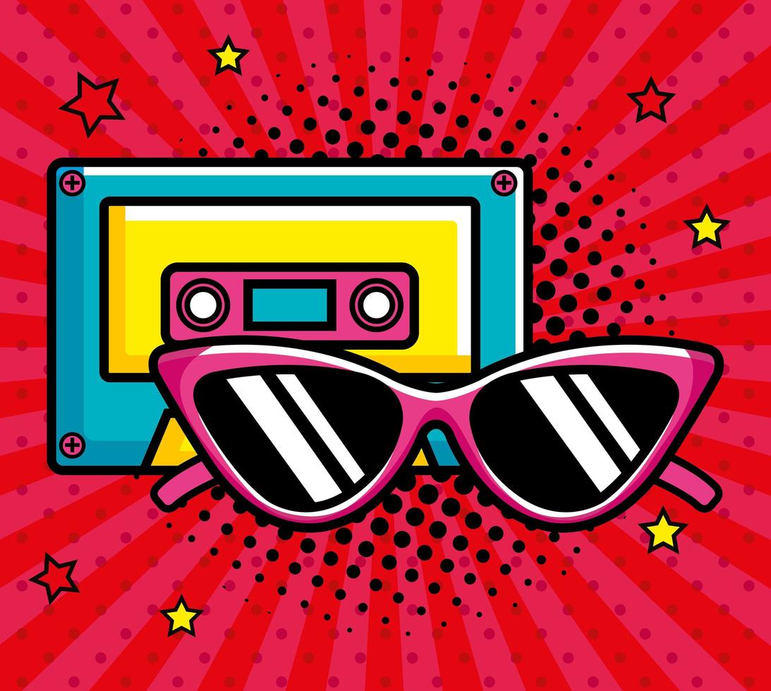 Cassette de música con gafas de sol icono de estilo pop art vector