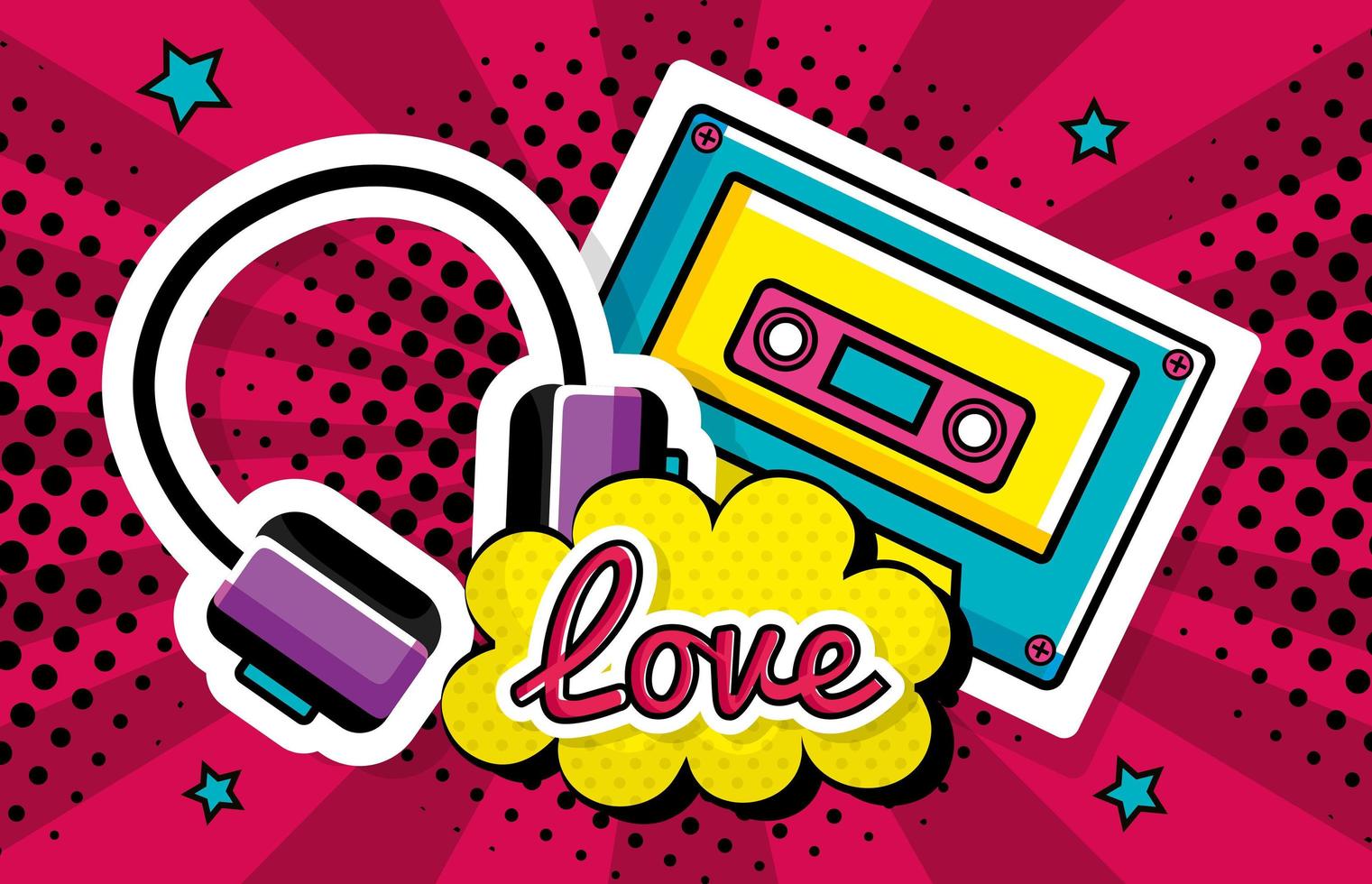 cassette music with headset and love lettering pop art style vector