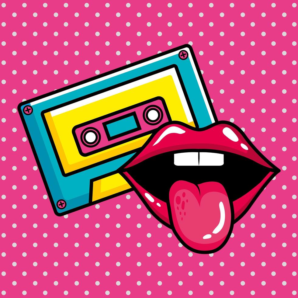 música en cassette con boca sexy icono de estilo pop art vector