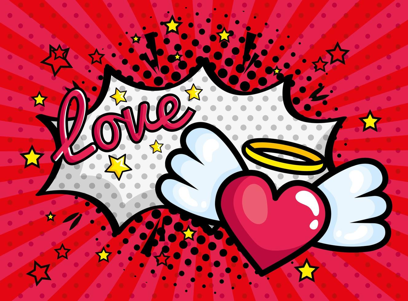 corazón con alas y explosión icono de estilo pop art vector