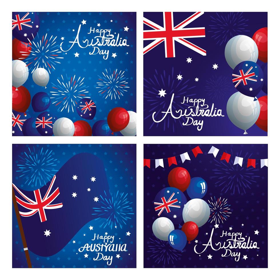 set poster of happy australia day with decoration vector