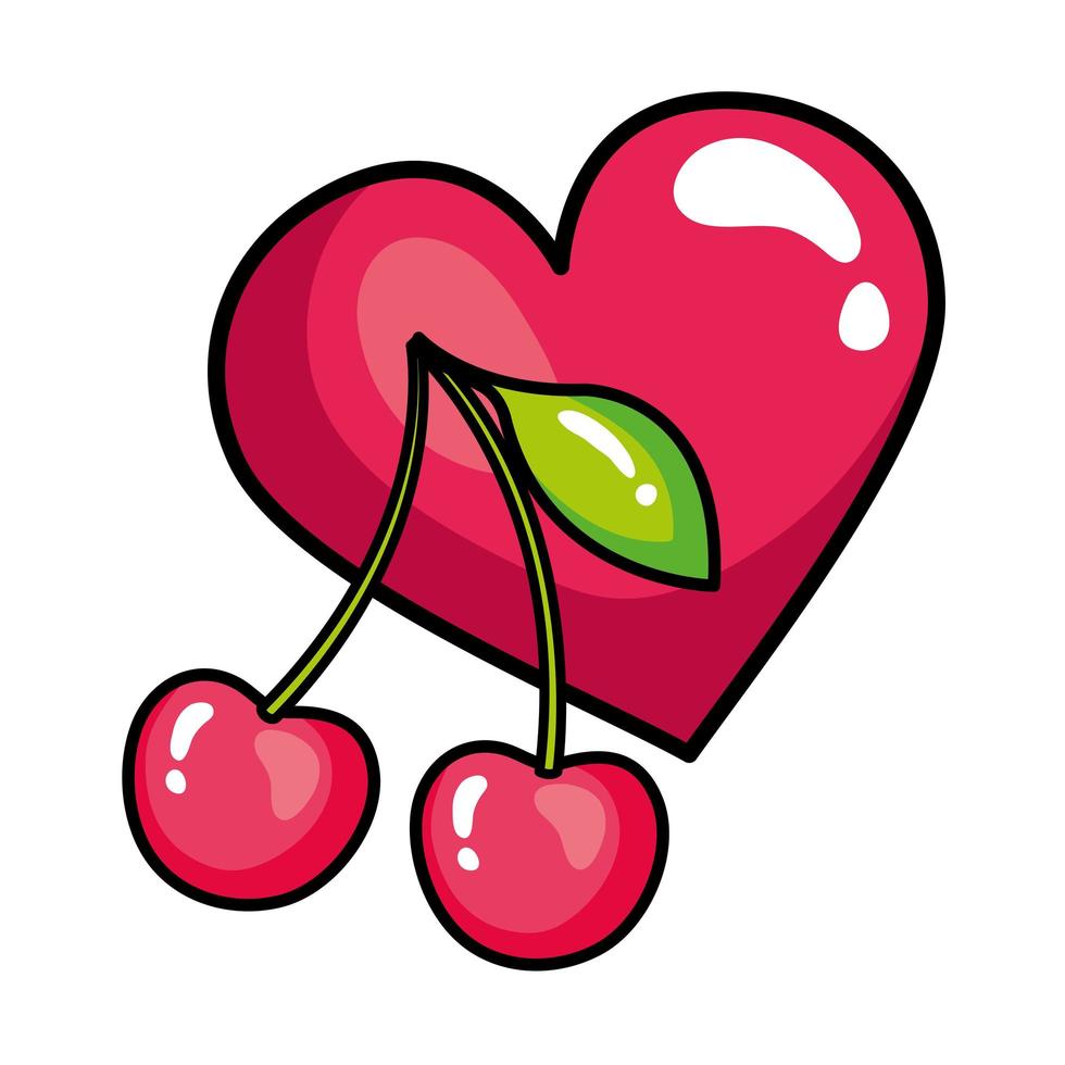 cherries with heart pop art style icon vector